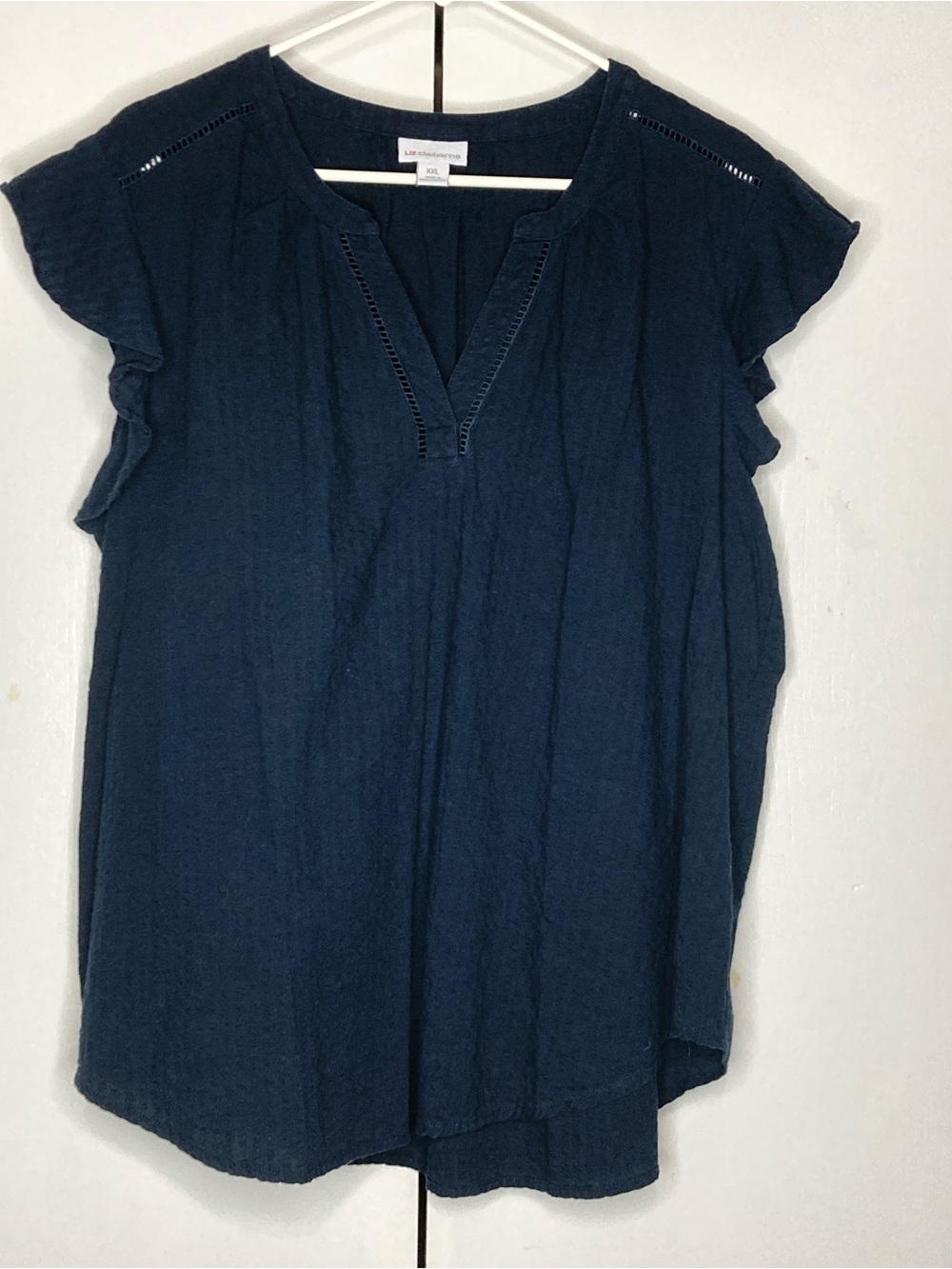 2X Slub Cotton Waffle Navy Blue V-neck Flutter Sleeve Boho Summer Peasant Top